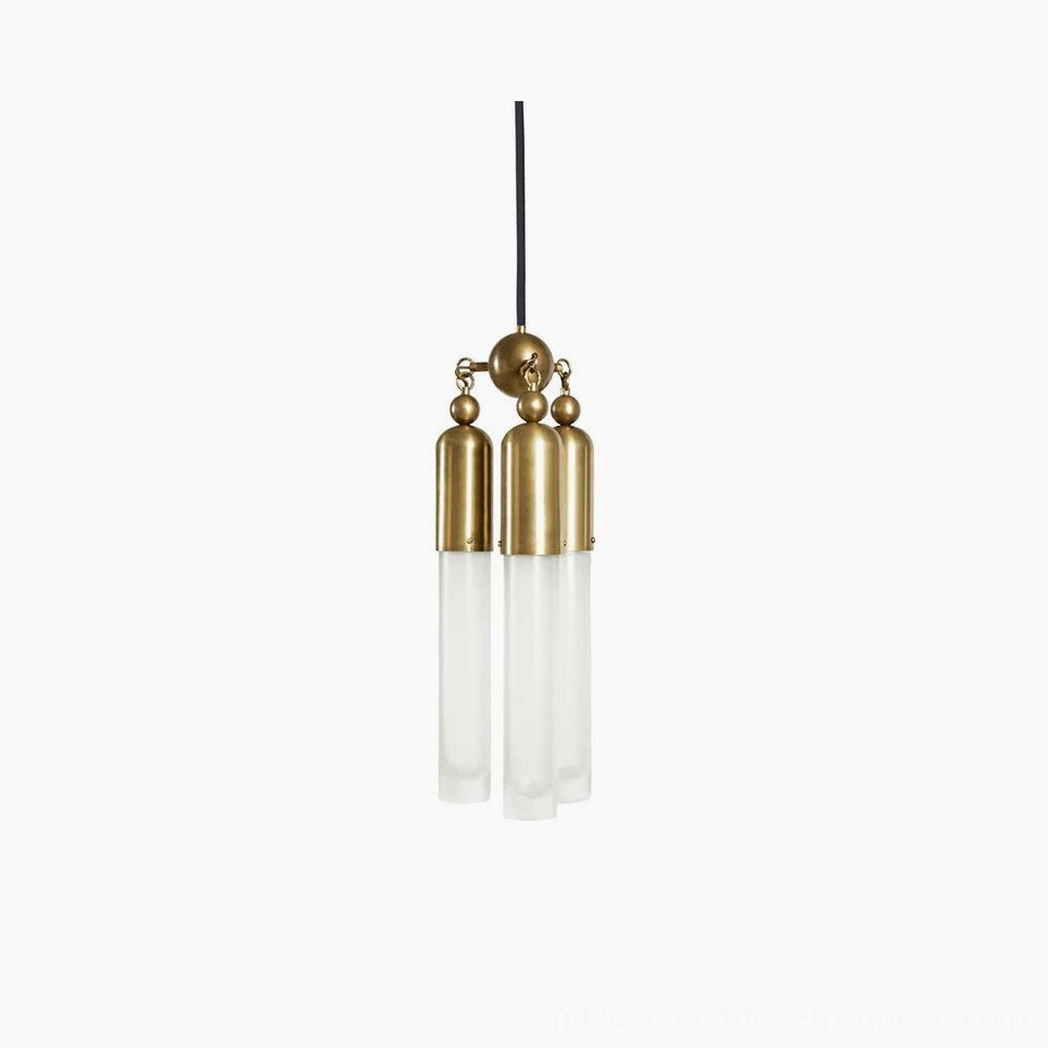 Cascadia three-light brass pendant lamp with frosted glass shades and sculptural spherical hub, front view on white background