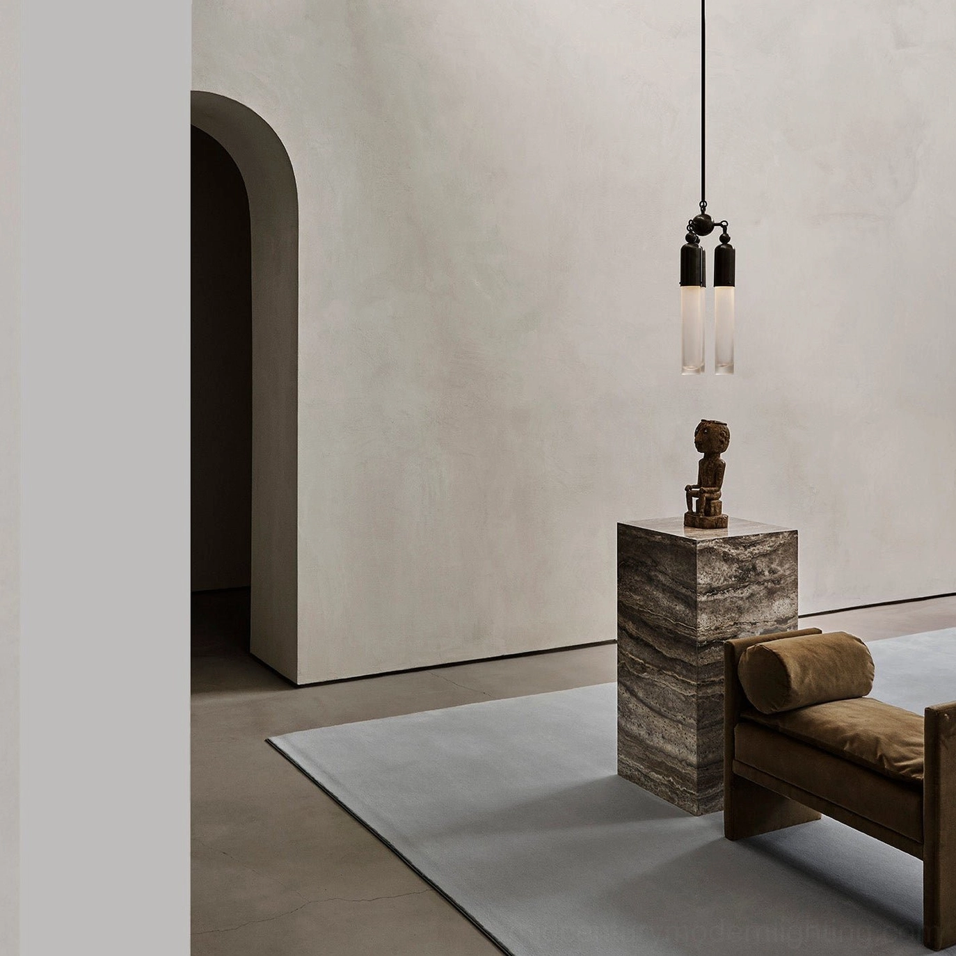 Black metal variant of Cascadia pendant light with white frosted glass shades in contemporary minimalist living space