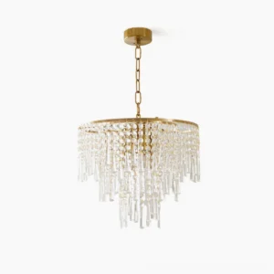 Cascading crystal pendant light with tiered clear crystal fringe and brass gold hardware, overhead studio view