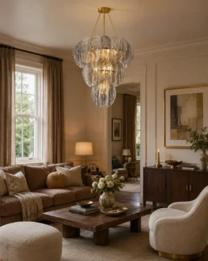 Modern luxury glass chandelier installed in warm traditional living room with tiered petal-shaped smoke gray shades and brass suspension chains overhead view