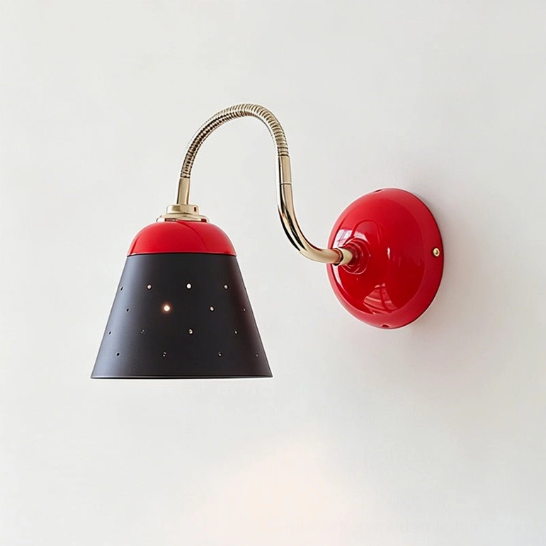 Casper wall sconce red and black color-blocked design side mounted view with ambient warm light