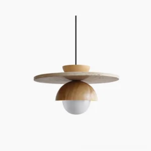 Cassini mid-century modern pendant light with walnut wood dome and beige travertine disc on white background