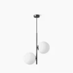 Castell mid-century modern double globe pendant light with frosted white glass shades and matte black metal frame on white studio background