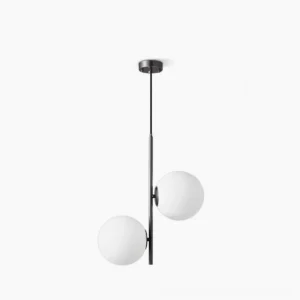 Castell mid-century modern double globe pendant light with frosted white glass shades and matte black metal frame on white studio background