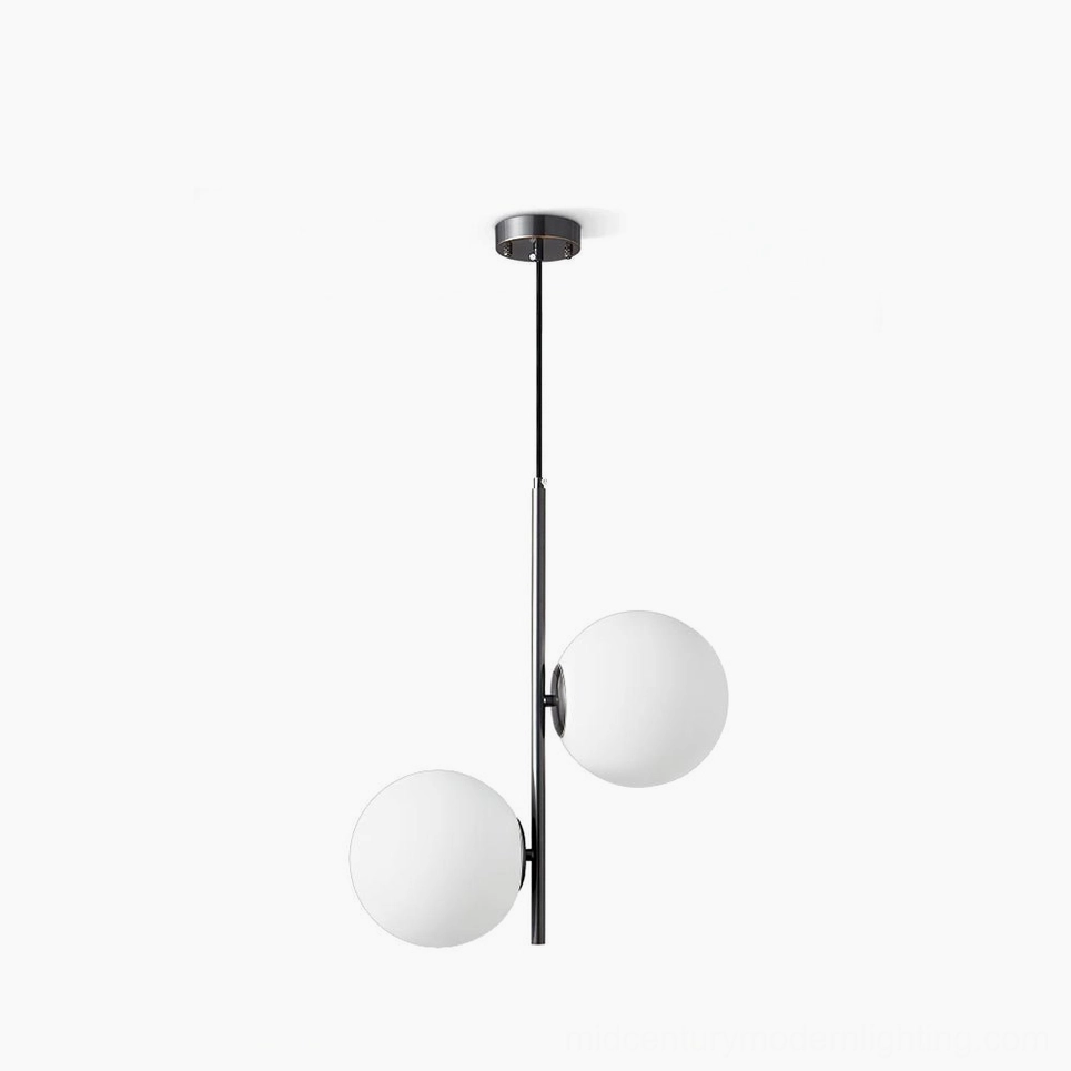 Castell mid-century modern double globe pendant light with frosted white glass shades and matte black metal frame on white studio background