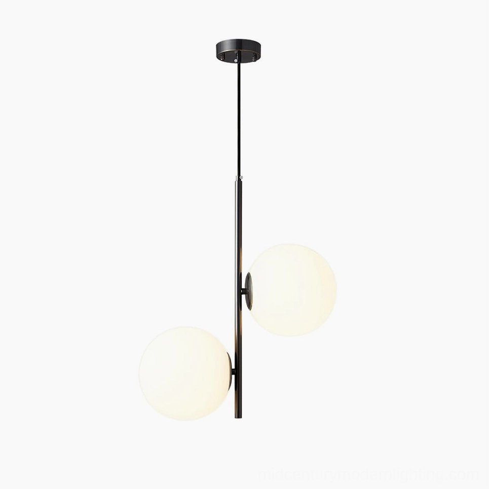 Castell mid-century modern double globe pendant in black and white colorway with matte black metal and frosted glass shades