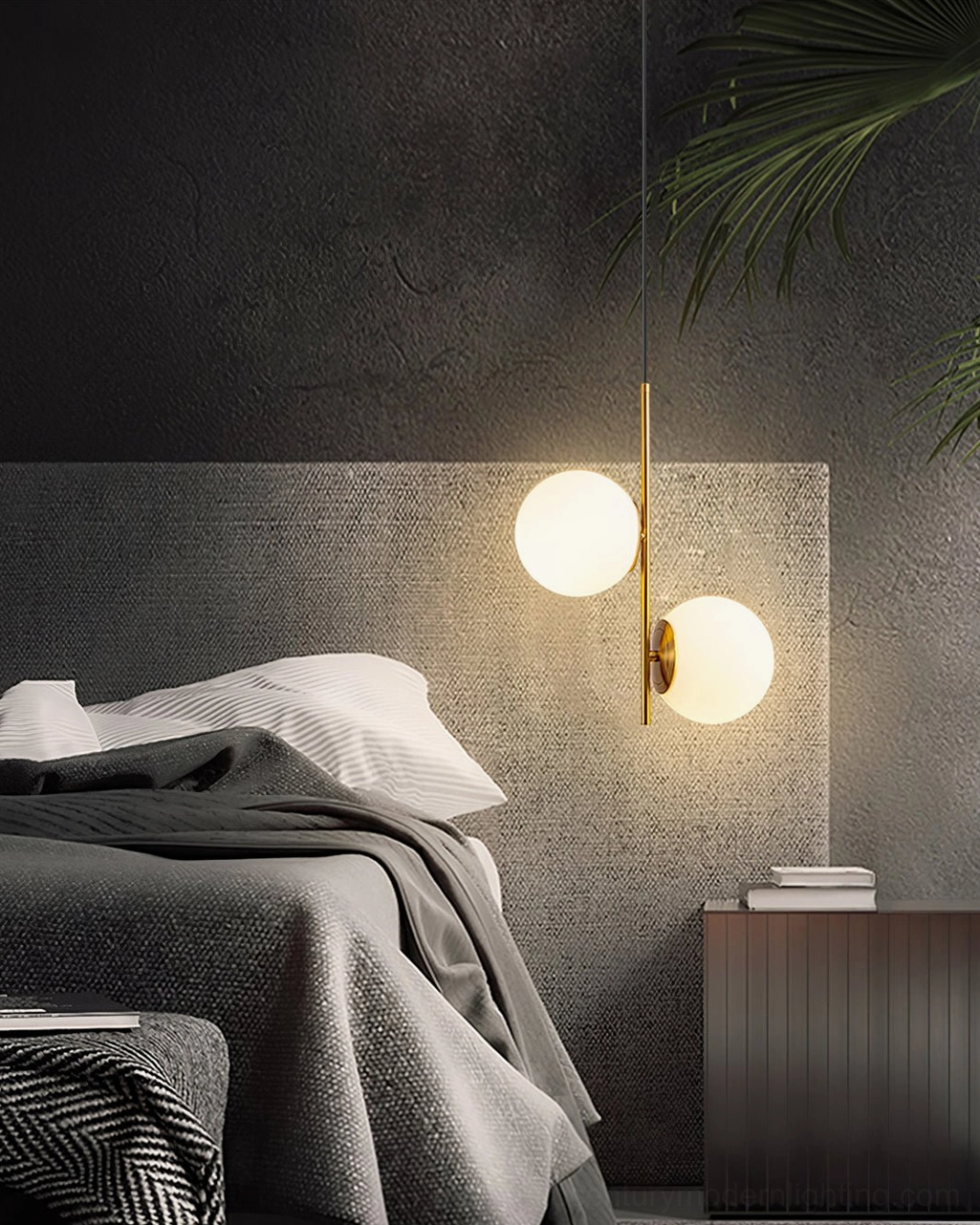 Castell double globe pendant creating atmospheric lighting in contemporary bedroom with textured dark wall and modern furnishings