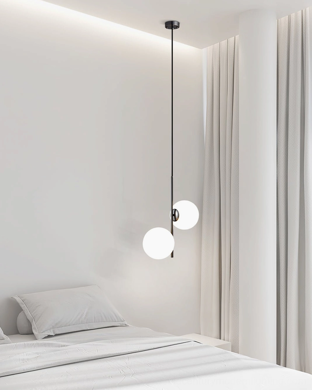 Sleek Castell double globe pendant light suspended from black cord in bright minimalist bedroom with floor-to-ceiling curtains