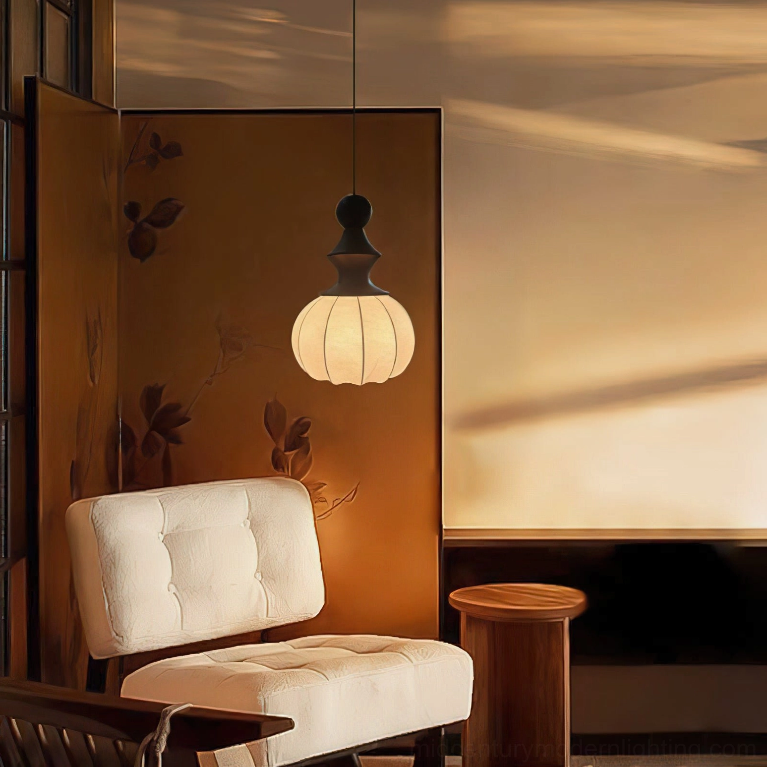 Castiglioni pendant light fixture demonstrating turned wood base and fabric diffuser in clean mid-century modern product view