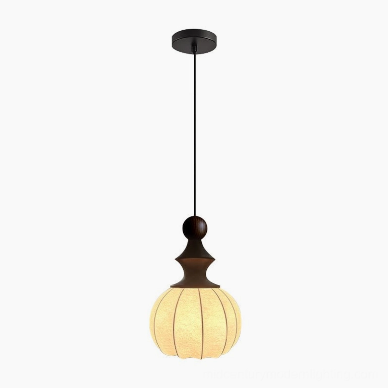 Castiglioni pendant light Model A with white and walnut finish showing mid-century modern design and fabric shade diffuser detail
