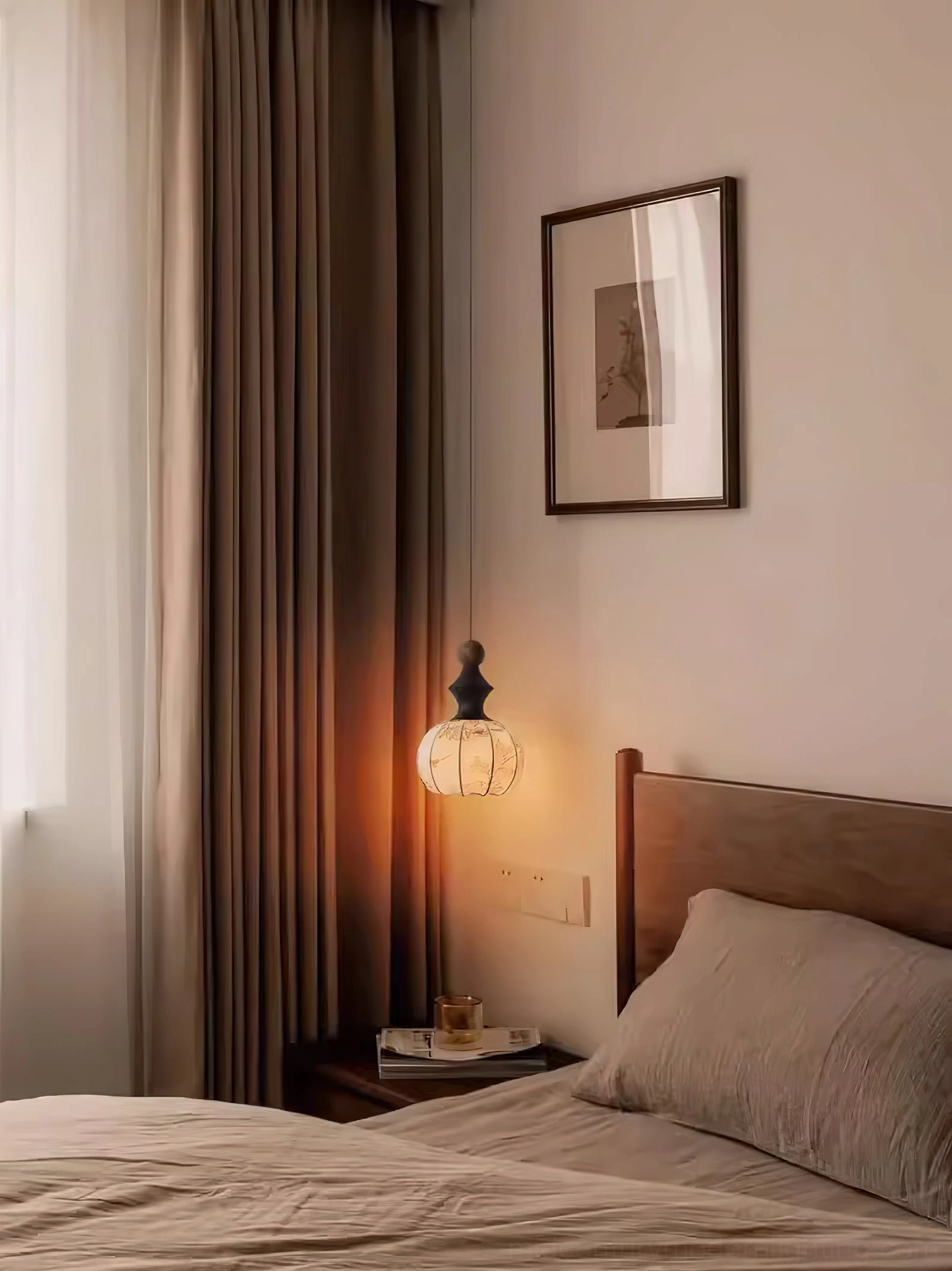 Castiglioni wooden pendant light with fabric shade demonstrating mid-century modern aesthetic in home interior setting
