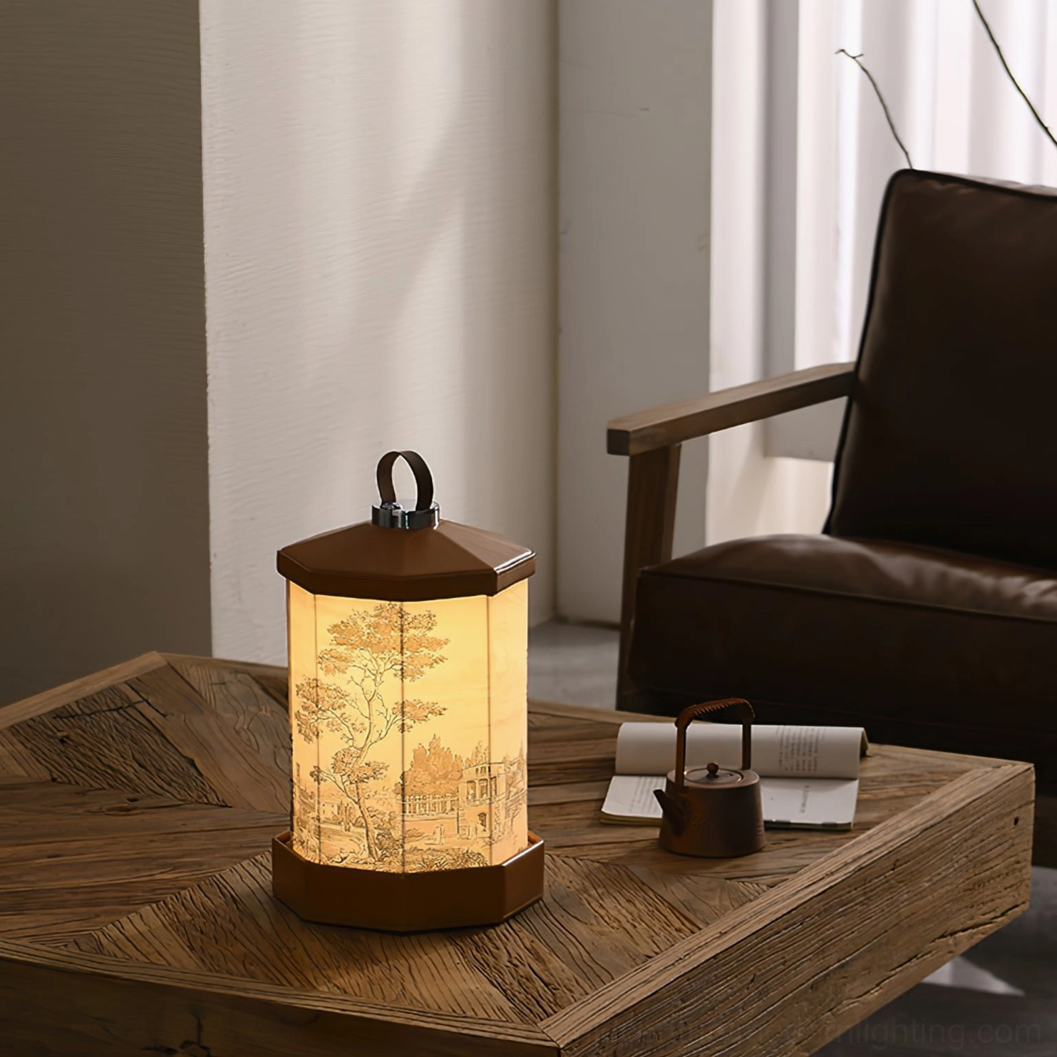 Hexagonal Castle portable table lamp with printed fabric shade on living room coffee table beside mini metal teapot and leather notebook, mid-century modern interior styling