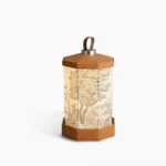 Castle hexagonal portable table lamp with brown and white fabric shade displayed on white background, showing front view of cordless LED lighting fixture with built-in battery