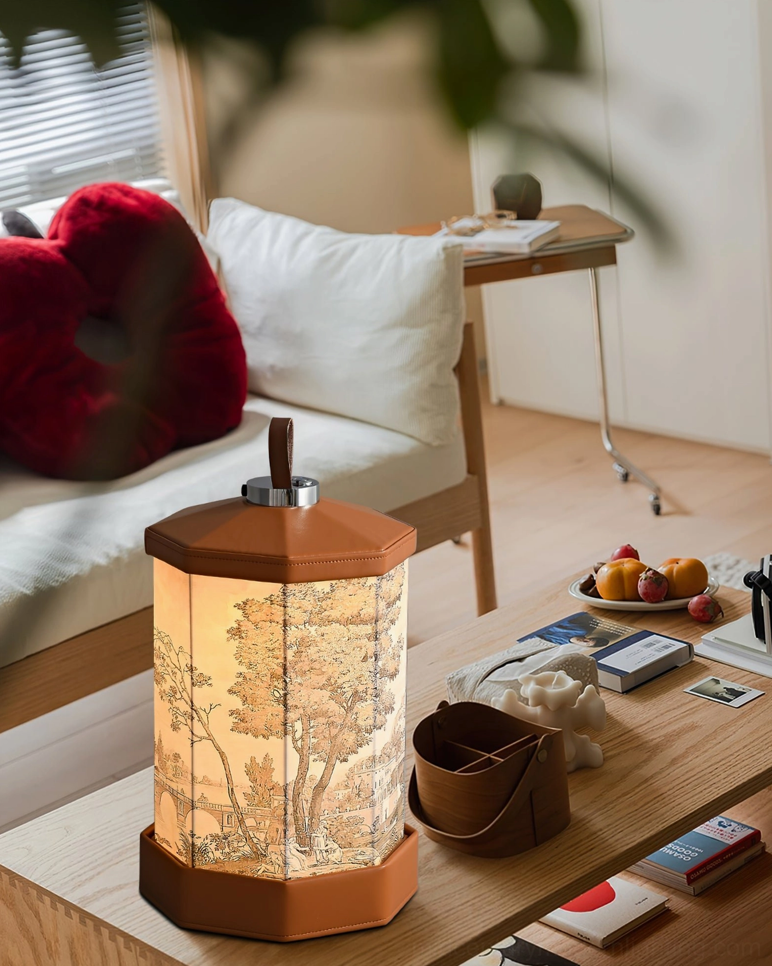 Vintage-style Castle rechargeable battery table lamp on sofa side coffee table with snack plate and decorative accessories, warm ambient lighting for living spaces