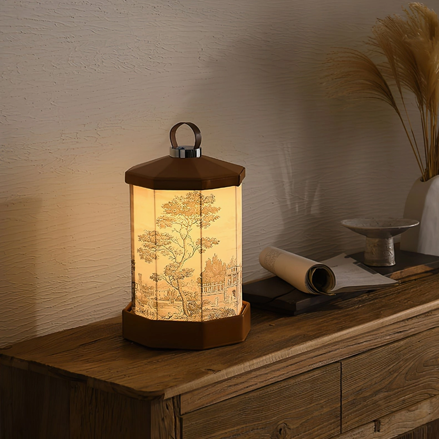 Retro Castle lantern-style table lamp displayed on entryway console table with dried pampas grass and small metal decorative accessories, portable lighting for entry design