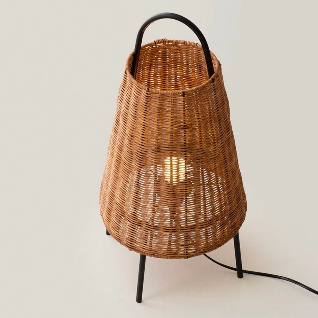 Catalina Coastal Table Lamp natural rattan weave and triangular metal footprint, modern coastal interior accent lighting