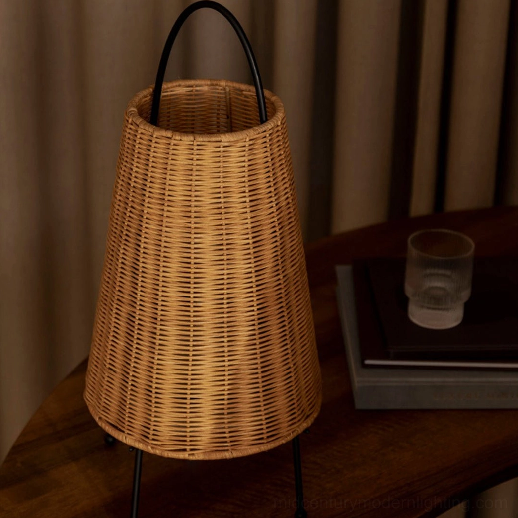 Catalina Coastal Table Lamp mid-century modern rattan tripod design, full product showcase angle