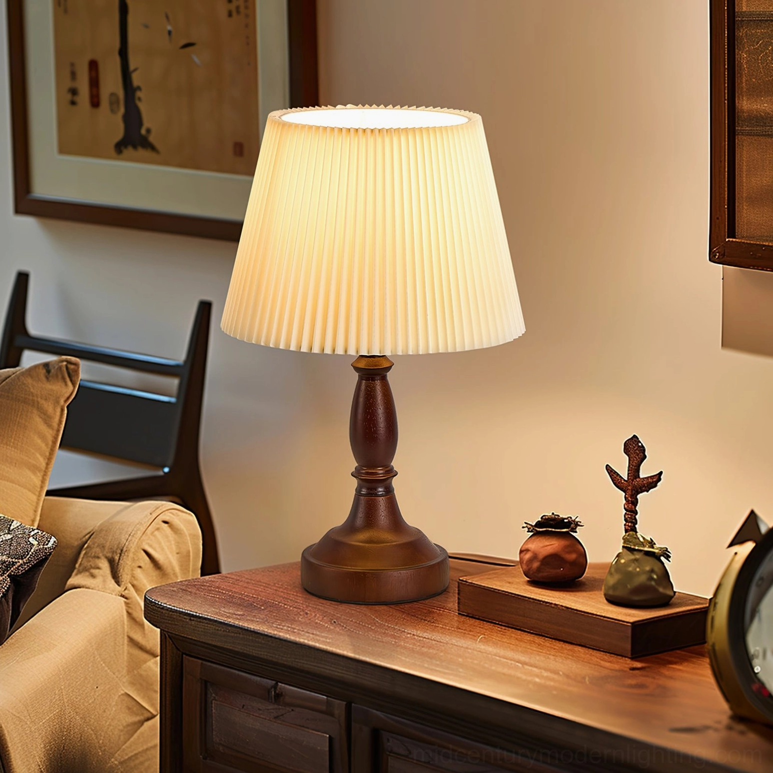 Walnut base lamp displayed on vintage dining sideboard with decorative figurines and accessories