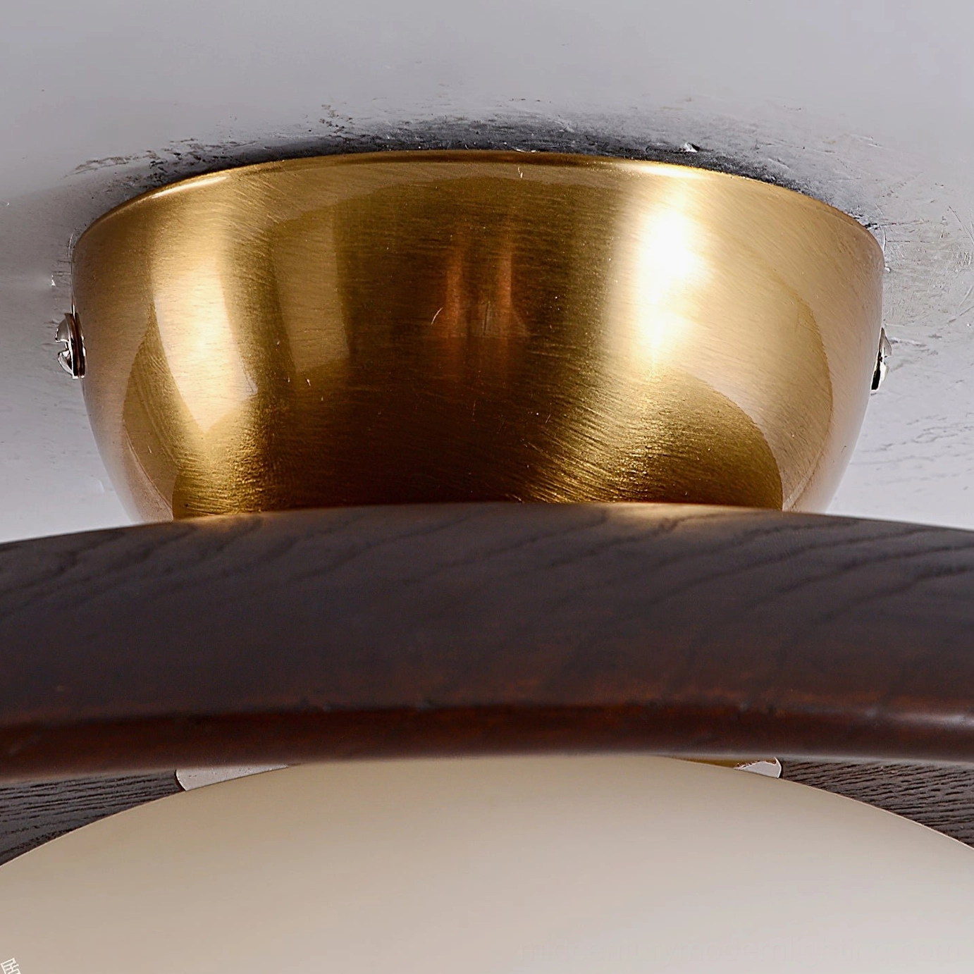 Close-up of Cathy ceiling lamp brushed brass base and wood grain disc edge detail