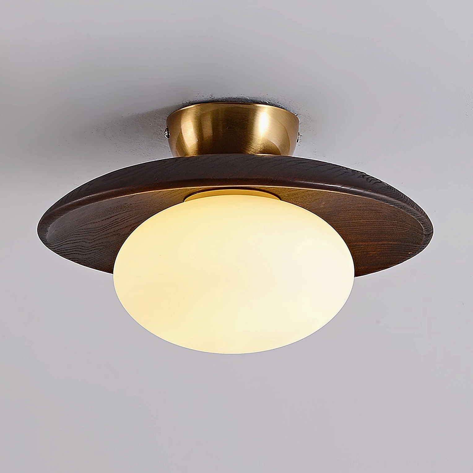 Cathy ceiling lamp lit from above showing warm light diffusion through frosted glass and wood grain detail