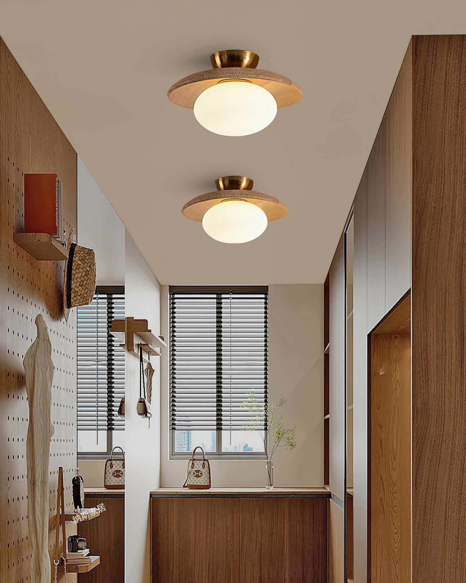 Modern rustic Cathy ceiling lamps with light wood discs and brass accents in contemporary entryway
