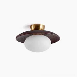 Mid-century modern Cathy ceiling lamp with walnut wood disc, frosted glass globe, and brushed brass hardware in studio view