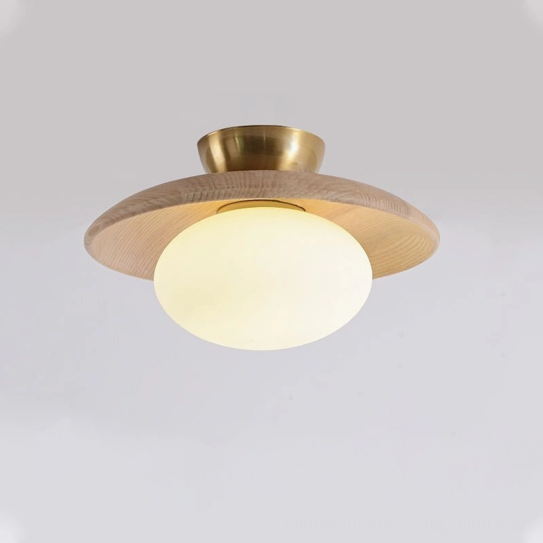 Cathy mid-century modern ceiling lamp natural wood color variant with frosted glass diffuser