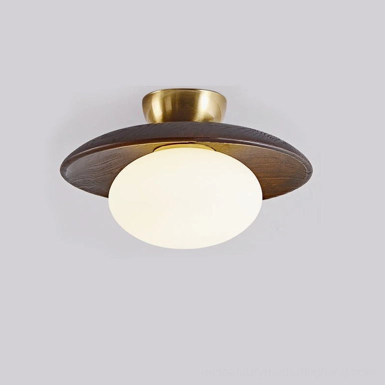 Cathy ceiling lamp walnut color option with brass hardware and frosted glass globe