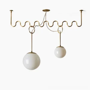 Cecil wavy brass chandelier with opal glass globes, front studio view showing geometric wave pattern frame design
