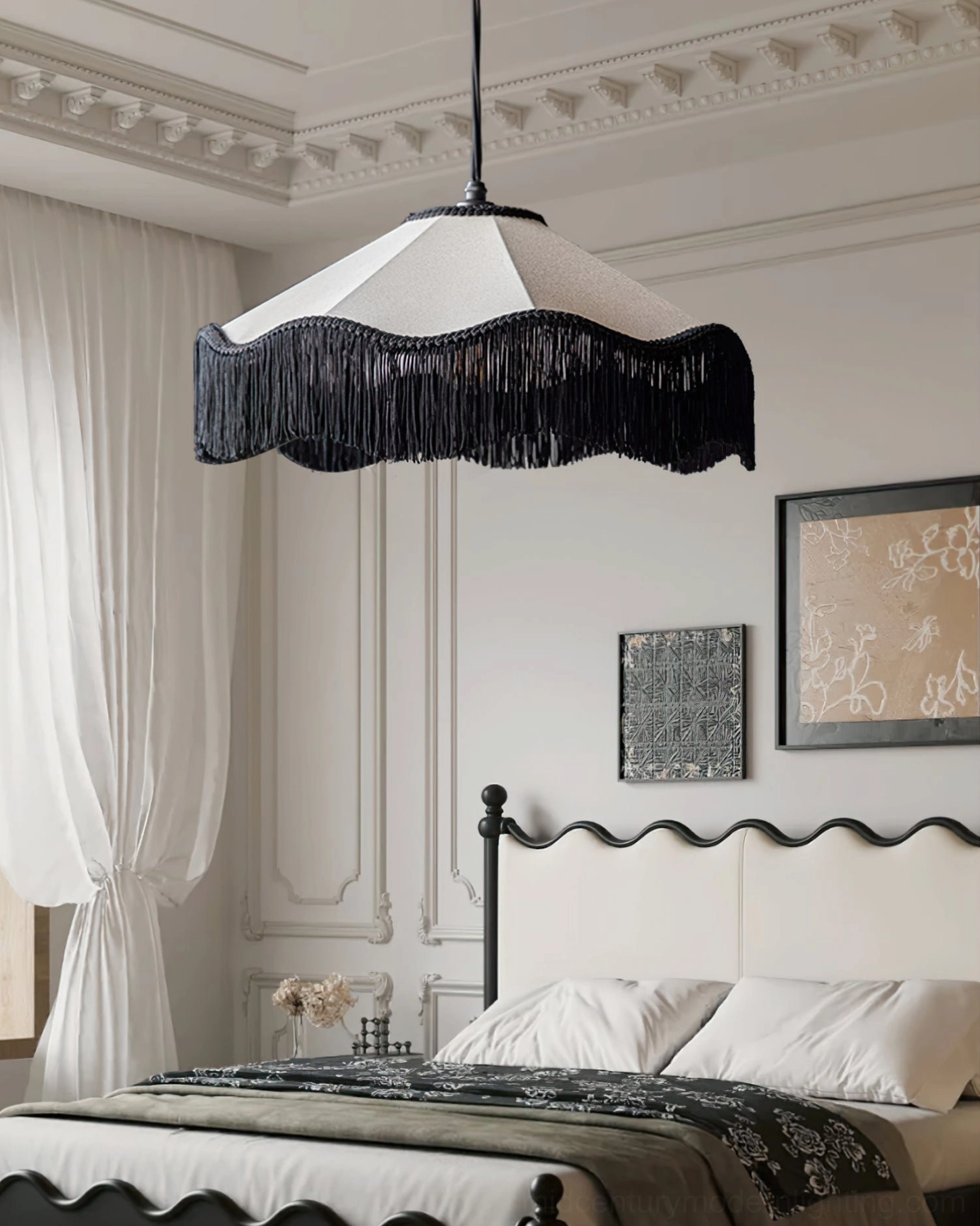 Cecile Tassel Pendant Lamp in French neoclassical bedroom with ornate ceiling moulding, tufted bed frame and wall artworks