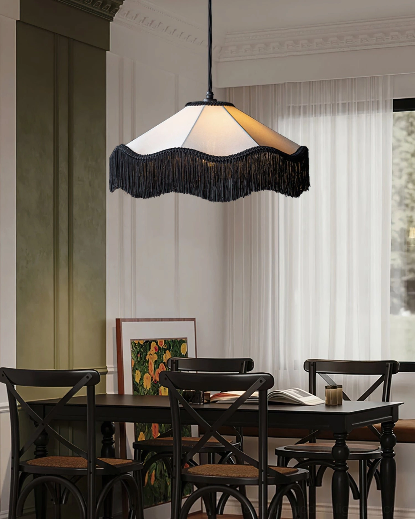 Cecile Tassel Pendant Lamp illuminating formal classic dining room with black wooden furniture set and decorative wall artwork