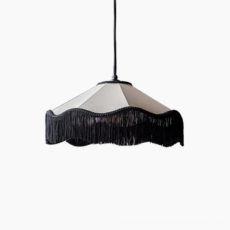 Cecile Tassel Pendant Lamp in large format showcase featuring complete fringe tassel design and beige linen fabric construction
