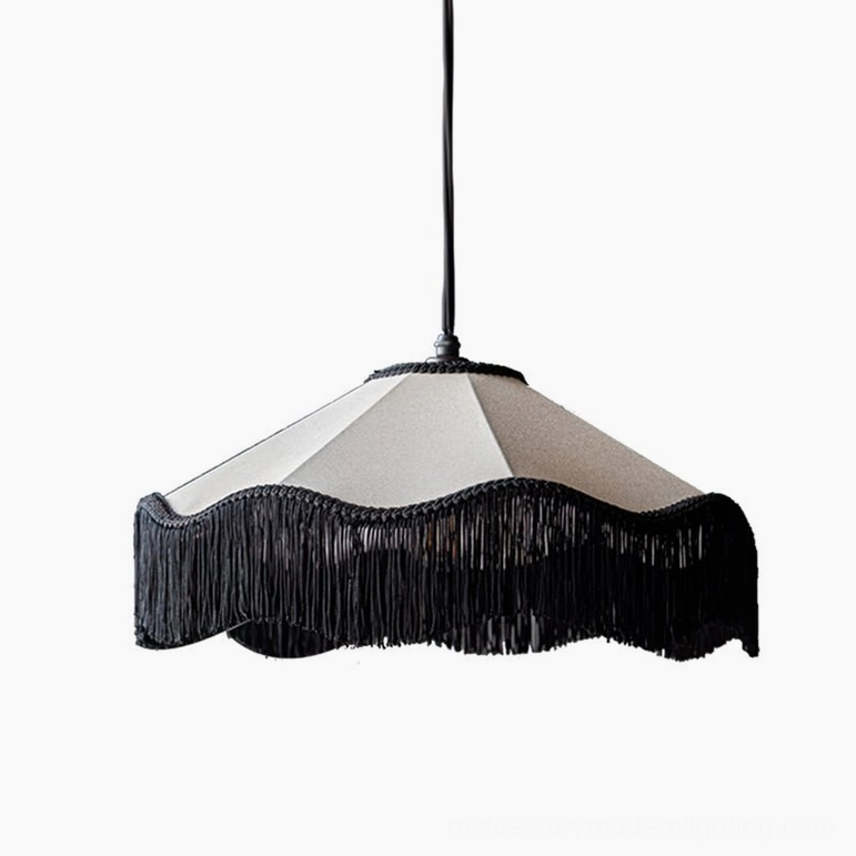 Cecile Tassel Pendant Lamp full product view demonstrating mid-century modern aesthetic with fabric shade and decorative fringe trim