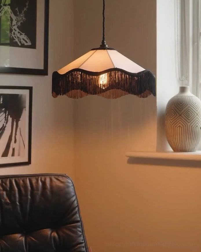 Cecile Tassel Pendant Lamp mid-century modern fabric fringe pendant featuring linen shade and black tassel trim design element
