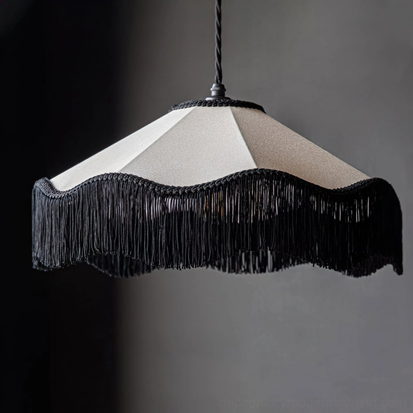 Cecile Tassel Pendant Lamp showing full three-dimensional profile of cascading fabric fringe with contemporary lighting performance
