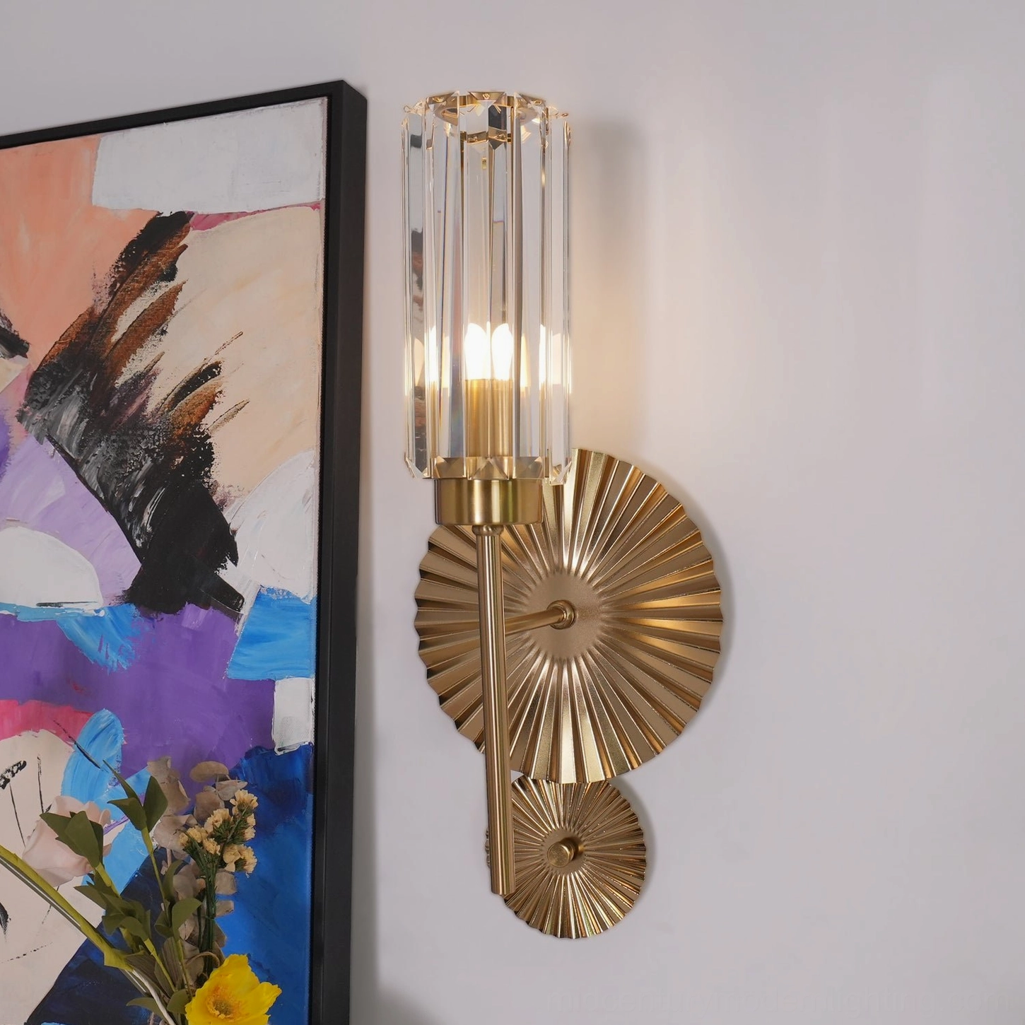 Cecily mid-century modern wall sconce brass plating and clear fluted glass assembled view