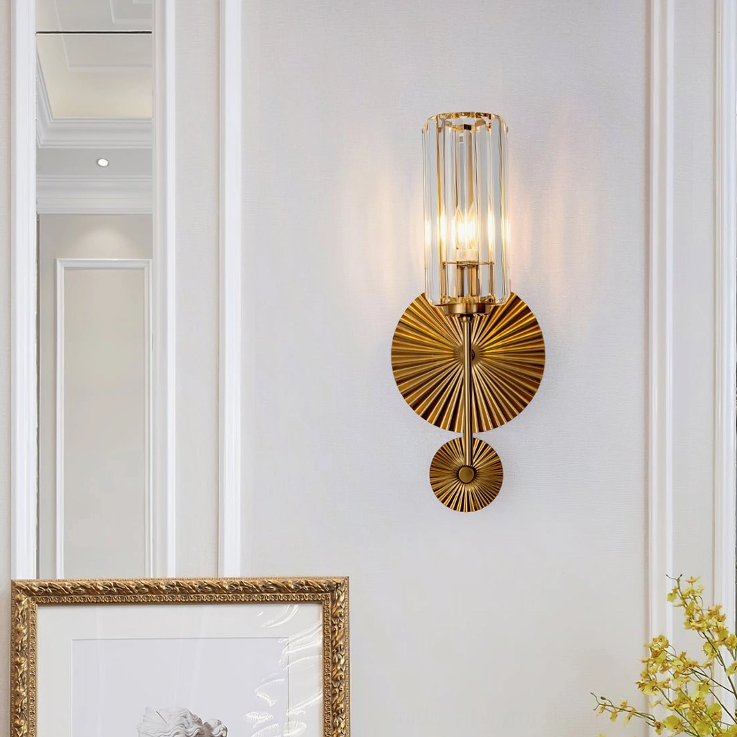 Cecily wall sconce mounted in minimalist luxury hallway with framed art and decorative plants, interior design