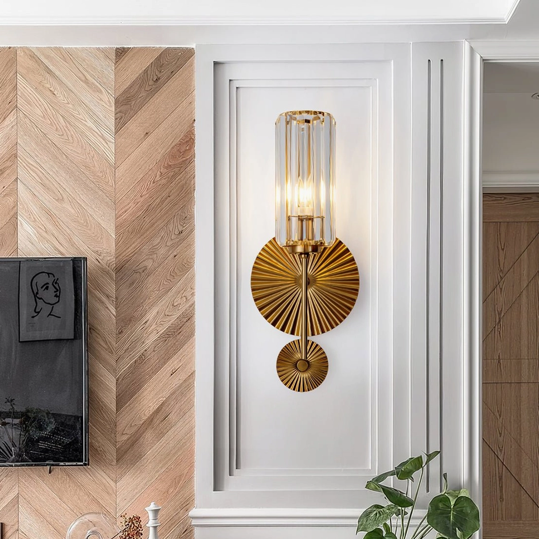 Cecily wall sconce as accent lighting in modern living room with herringbone wood wall and contemporary décor