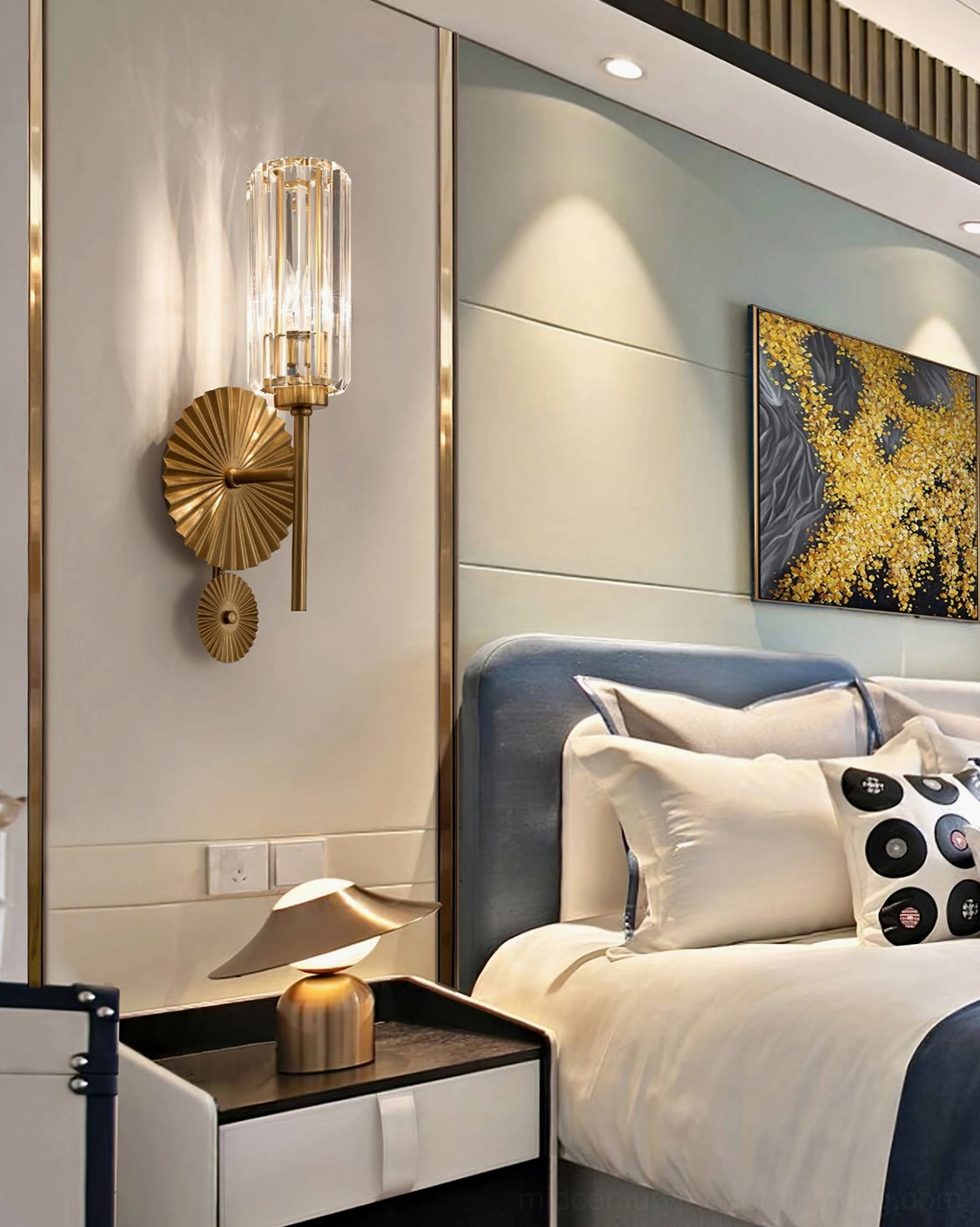 Cecily brass wall sconce side profile view highlighting ribbed crystal cylinder and metal fixture