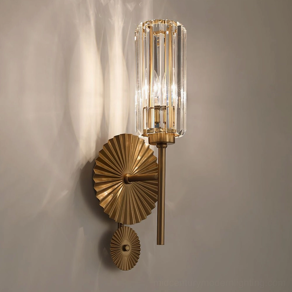 Cecily wall sconce glowing warm ambient lighting in indoor setting, soft diffused illumination from fluted shade