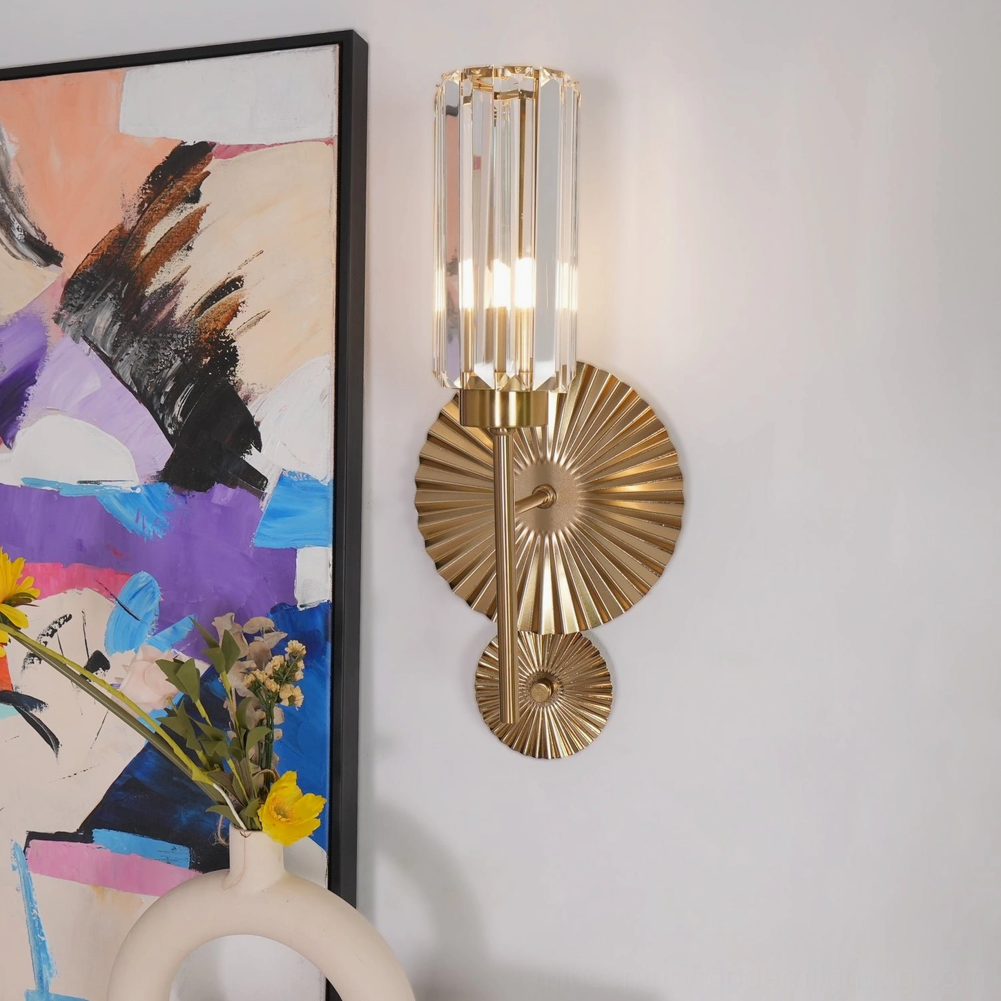 Cecily brass and crystal wall sconce architectural diagonal cuts on shade detail shot