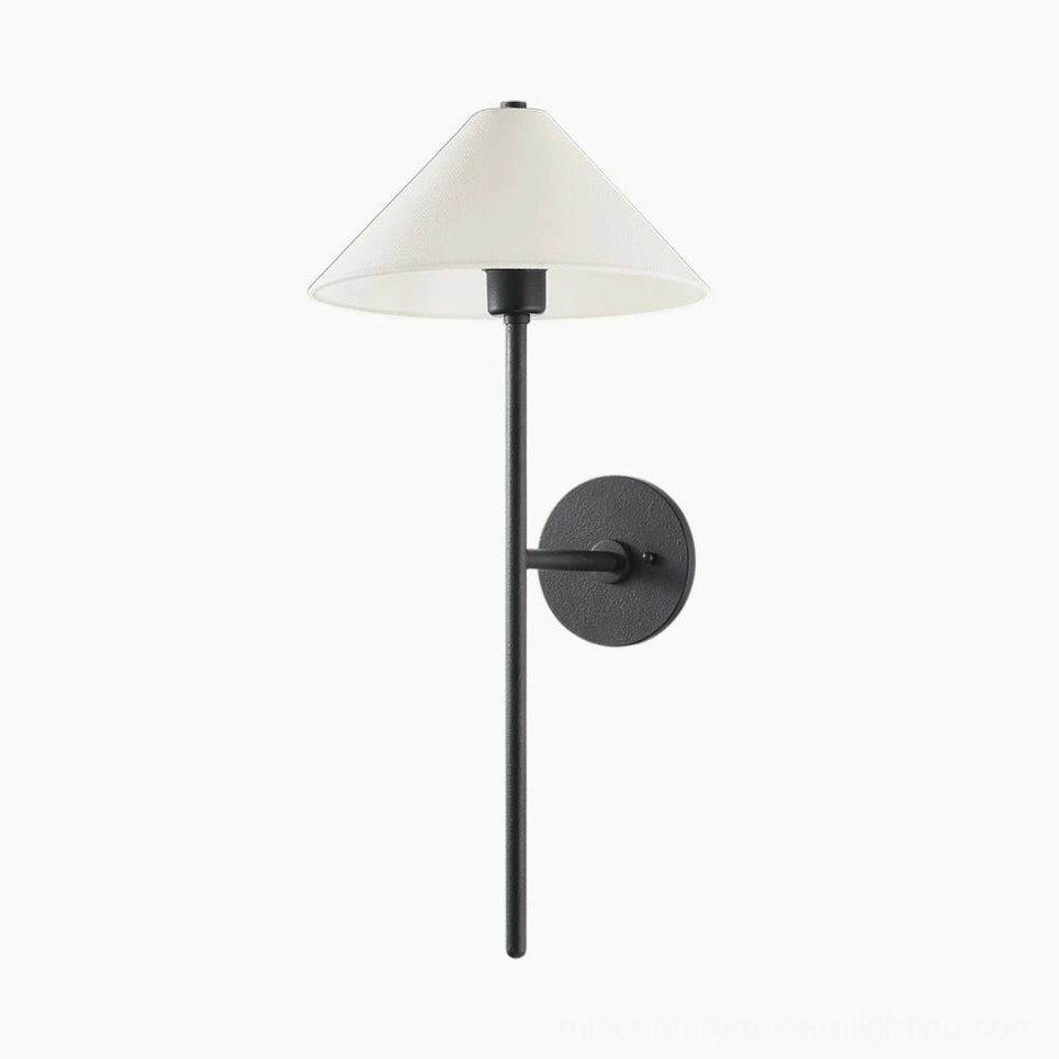 Cedar wall sconce rear three-quarter view showing vertical pole structure and back profile of fabric shade