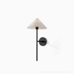 Cedar black wall sconce with off-white fabric shade, front three-quarter view showcasing minimalist mid-century modern design
