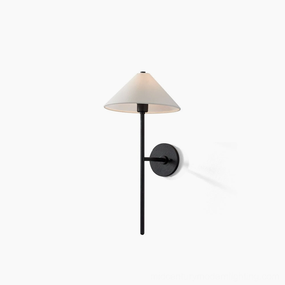 Cedar black wall sconce with off-white fabric shade, front three-quarter view showcasing minimalist mid-century modern design