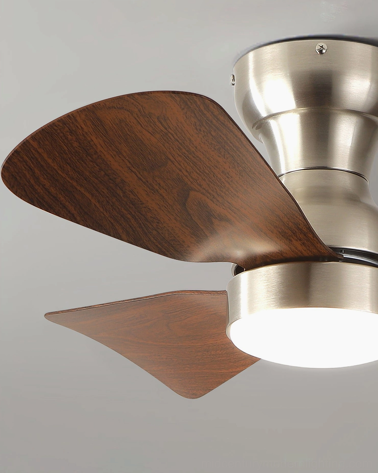 Complete ceiling fan light assembly with multiple finish options including wood, walnut, white, and chrome variants with integrated LED