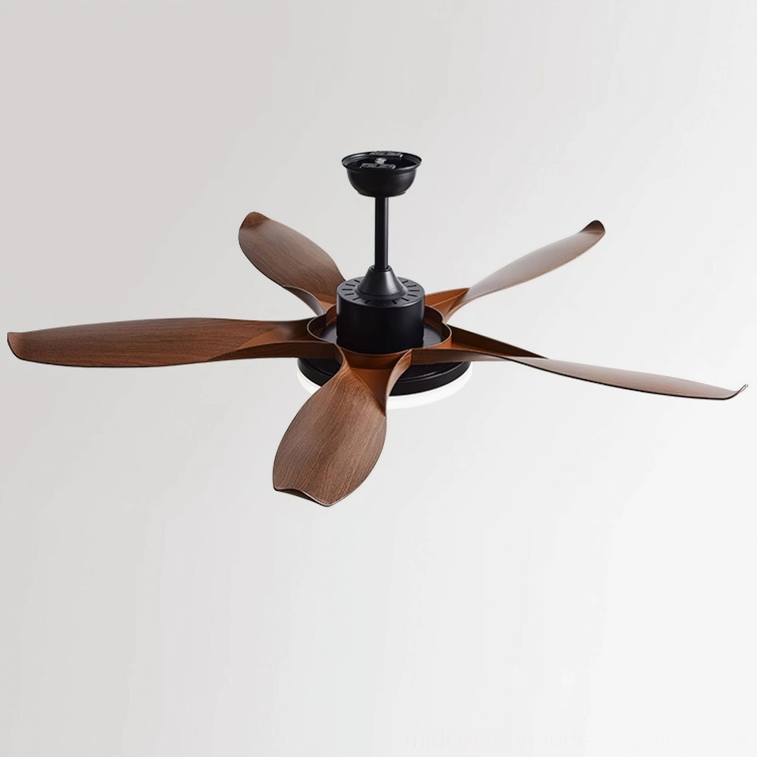 Five-blade ceiling fan light with dark brown walnut blades photographed from below on white background