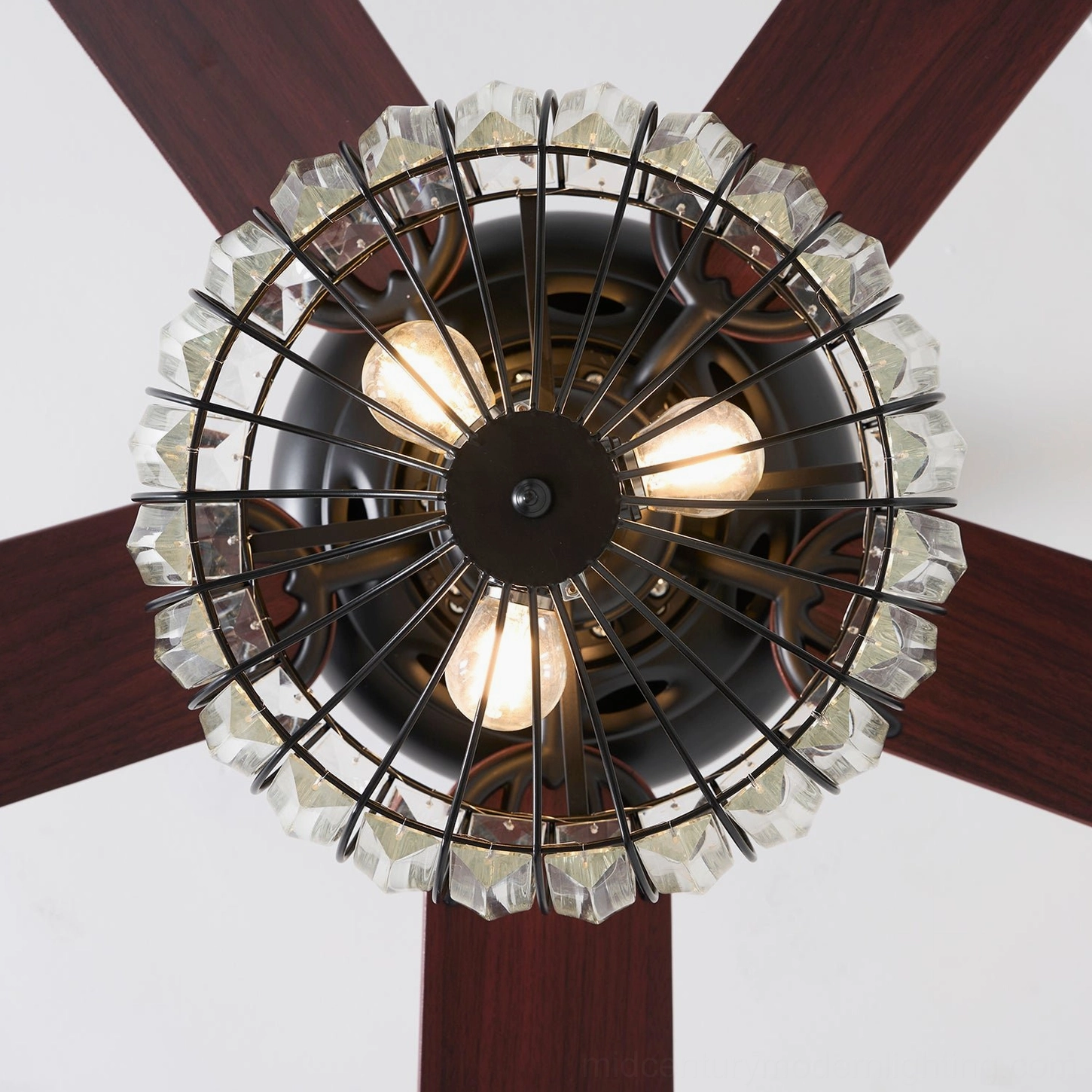 Ceiling fan light fixture with crystal cage, showing remote control compatibility and DC motor quiet operation technology