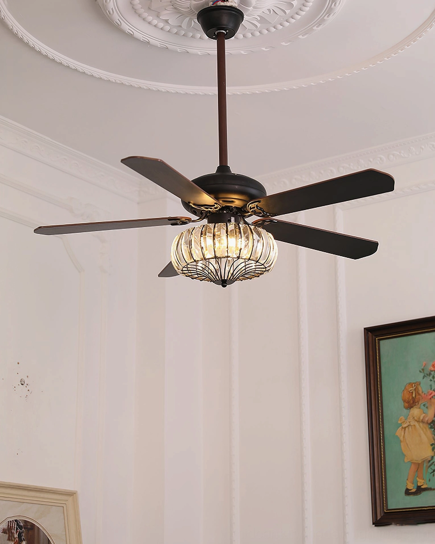 Modern ceiling fan light fixture with crystal cage enclosure, detailed view of LED socket and remote control compatible design