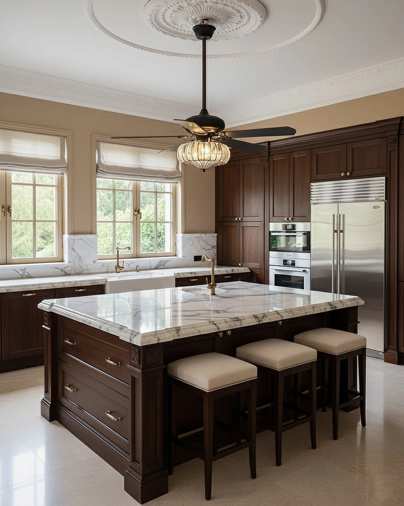 Contemporary kitchen with central island featuring ceiling fan light with crystal cage, dark wood cabinetry and marble countertop