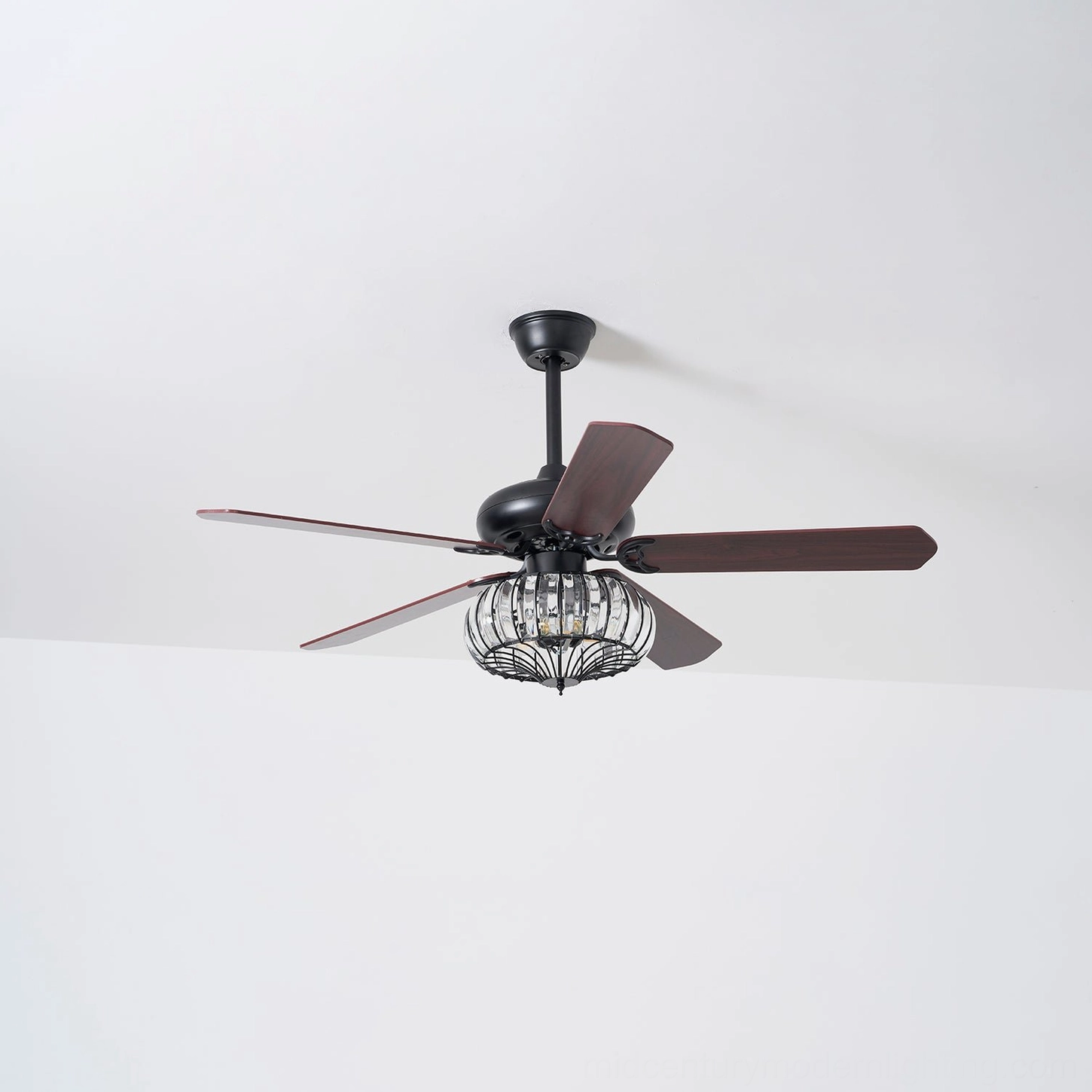 Crystal ceiling fan light fixture mounted on ceiling, showing full installation and lighting distribution in interior space